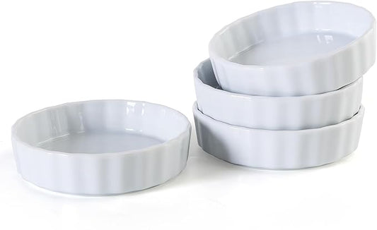6oz Creme Brulee Ramekins Set of 4 - Ceramic Baking Dishes, Non-Stick Porcelain Pie Dish, Wave Round Baking Dish for Dessert, Pie, Tart, Souffles, Appetizers, Oven and Dishwasher Safe