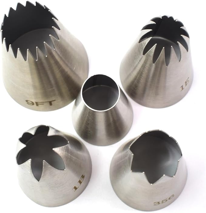 5 Pack Stainless Steel Seamless Piping Icing Tips 1C 1E 1A 356 9FT, Large Piping Nozzle, Cake Decorating Tools for Cupcake Baker