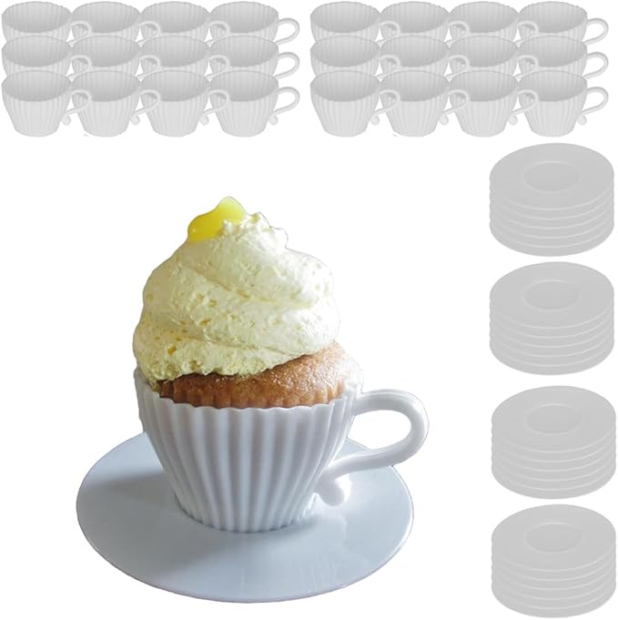 Evelots Baking Cupcake Molds - Silicone Teacup Set - 48 Pc Set - Oven-Safe - Nonstick - Muffin Cups for Bridal/Baby Shower, Birthday/Tea Party - 24 Cups & 24 Saucers - BPA Free