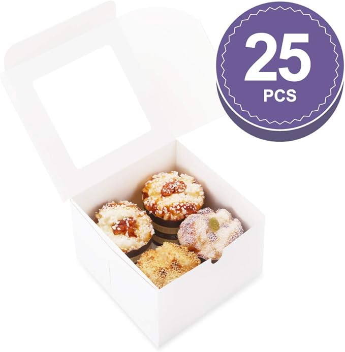 25 White Bakery Boxes with Window 5x5x3.5 Inches, Dessert Boxes to Go with Window, Treat Boxes for Small Bakery, Dessert, Candy, Cookies, Pastry, Party Favors, Wedding Cake