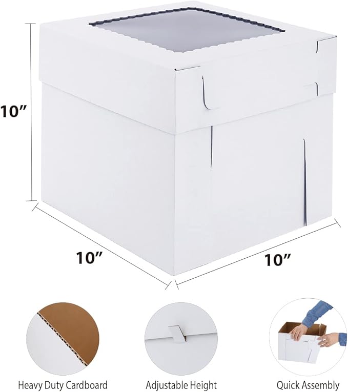 Tall Cake Boxes for Tier Cakes,10x10x10 Inch [10Pack ] Thick Sturdy Bakery Box with Window,White Cake Carrier, Disposable Cake Containers,Birthday Cake Boxes