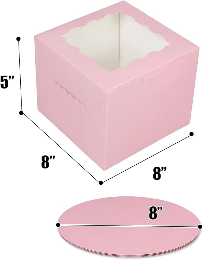Bakepacker 36pcs 8x8x5 Inches with Window 18-Packs Pink 8 Inch Bakery Boxes (18 Cake Boxes +18 Cake Boards Included)
