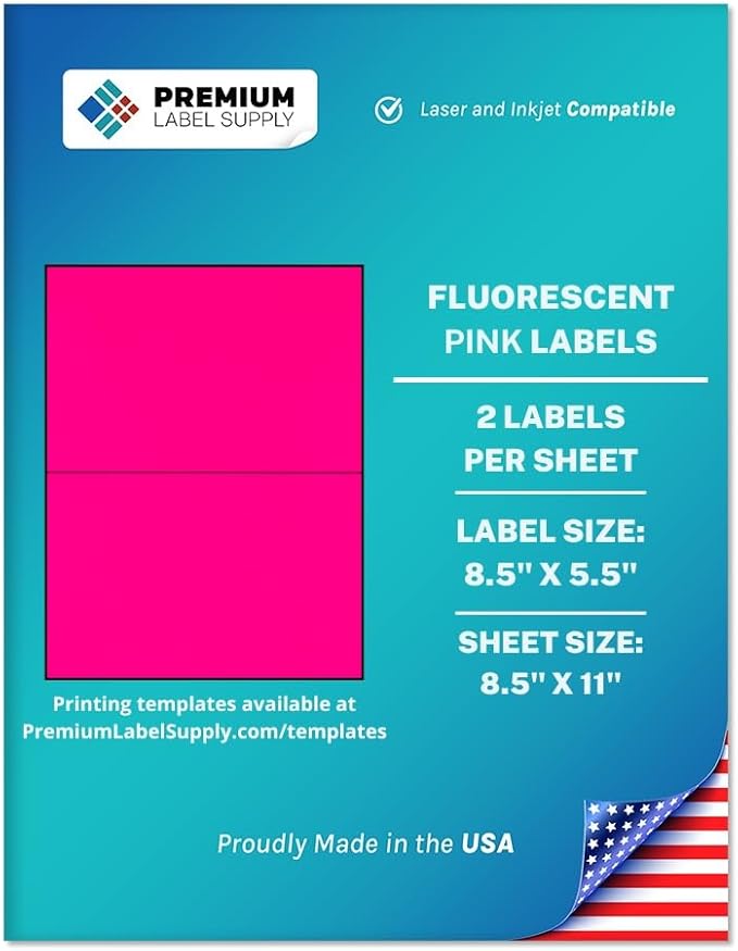 Premium Label Supply Bright Neon Color Fluorescent Sticker Labels - 8.5" x 5.5" Half Sheet Labels - (Fluorescent Pink, 2000 Labels)