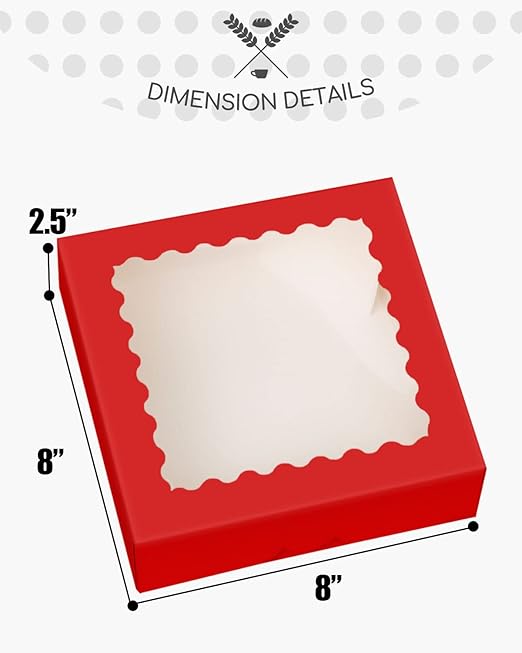 qiqee Red Pastry Box With Window 8x8x2.5 inch Donut Pie Boxes 30pcs Bakery Box Auto-pop up