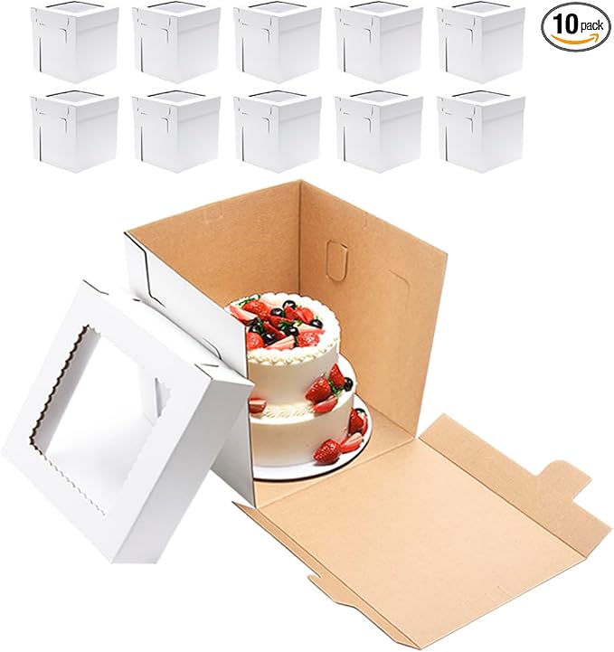JJO Tall Cake Boxes for Tier Cakes, 10 Pack 12x12x12 Inch,White Cake Boxes with Window,Sturdy Tall Cake Carrier, Disposable Cake Containers