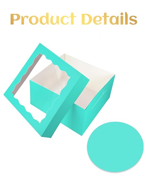 qiqee 12x12x6 Cake Box, 18 Sets Mint Blue Cake Box with Window ＆ 18 Sets 12" Mint Blue Cake Round Boards, 12inch Cake Containers