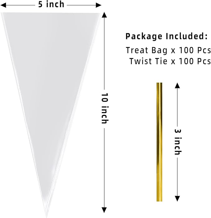 Morepack Cone Shaped Cellophane Treat Bags, 5x10 Inches Clear Triangle Plastic Bags for Popcorn Favor, Candy, 100 Pieces