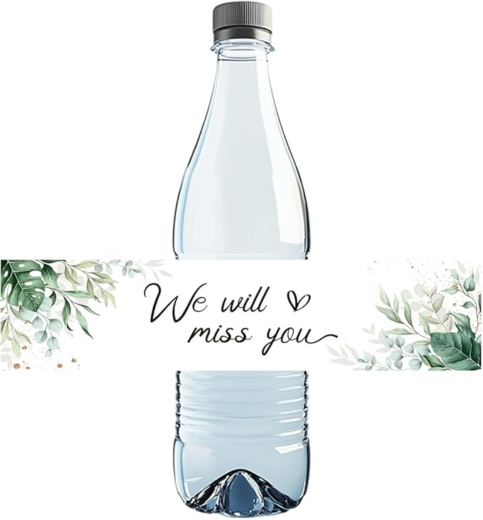 We Will Miss You Decorations 100 Pcs Greenery Floral Water Bottle Labels Sticker for Farewell Retirement Going Away Congratulations Goodbye House Warming Moving Away Good Luck Party Decorations