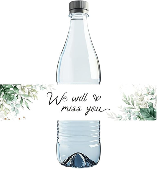 We Will Miss You Decorations 100 Pcs Greenery Floral Water Bottle Labels Sticker for Farewell Retirement Going Away Congratulations Goodbye House Warming Moving Away Good Luck Party Decorations
