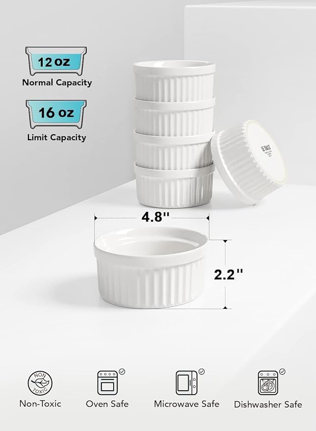 LE TAUCI Ramekins 12 OZ Oven Safe, Ceramic Souffle Dishes for Oven, Custard Cups, Creme Brulee Dishes, Porcelain Large Ramekins, Pudding Ramiken, Dipping Sauces, Set of 6, White