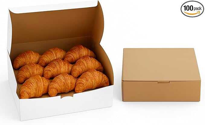 Reversible Bakery Boxes 11 x 7.25 x 3 in, No Window Lock Corner Boxes with Front Tuck Lock & Side Clips, for Danishes, Loaf Cakes & Pastries, Kraft or White Exterior, Microwavable, 100 Pack