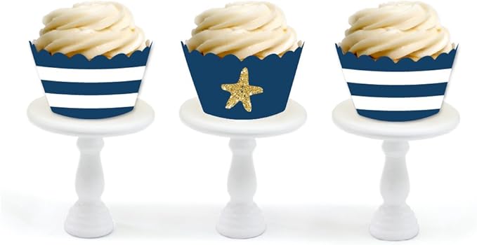 Andaz Press Party Cupcake Wrapper Decorations, Navy Blue Stripes and Faux Gold Glitter Starfish, 24-Pack, Nautical Sailing Ocean Wedding Bridal Baby Shower Birthday Theme Colored Bulk Cake Supplies