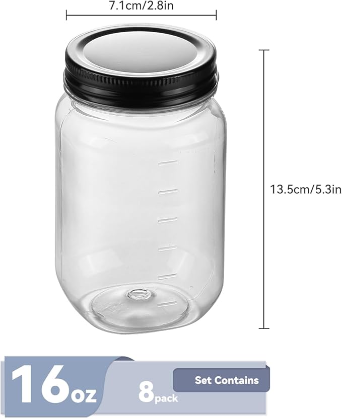 novelinks 16 oz Plastic Jars with Black Lids – 8 Pack Clear Reusable Storage Containers for Food, Pantry, Spices, DIY Crafts – BPA-Free Mason Jars for Kitchen & Household Use