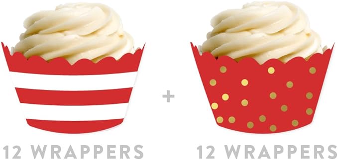 Andaz Press Party Cupcake Wrapper Decorations, Red Stripes and Metallic Gold Ink Polka Dots, 24-Pack, Theme Colored Bulk Cake Supplies