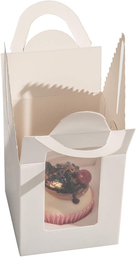 ihomecooker 25 Pcs Single White Cupcakes Containers Gift Boxes with Window Inserts Handle for Wedding Candy Boxes (25P-Handle-White)