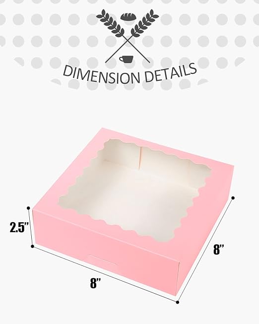 qiqee Auto-pop up Pink Bakery Boxes 50 Packs Pastry Box 8x8x2.5 inch Pie Boxes With Window