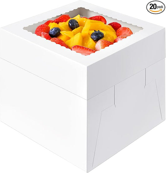 20 Pcs Cake Boxes, 10x10x8 Inch Tall Cake Box with Window, White Cake Boxes 10 Inch, Large Square Cake Box, Disposable Bakery Boxes for Cake Pastry Desserts Cookies Pies Wedding Birthday Party