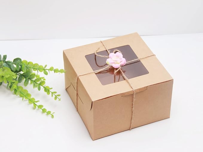 10Packs 8x8x5 Inches Brown Kraft Cake Boxes with Window, Gift Packing, Bakery Boxes, Dessert, Pastry, Cupcake, Pie Cookies, With Stickers,66 FT Twine
