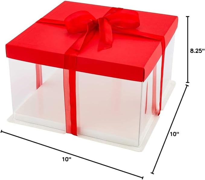 Restaurantware Sweet Vision 10 Inch x 8.25 Inch Transparent Cake Boxes 10 Grease Resistant Base Clear Cake Boxes - Red Lid Red Ribbon Plastic Birthday Cake Boxes For Weddings Or Birthdays