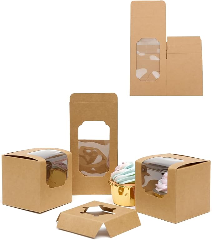Bakepacker Auto-pop up Cupcake Boxes 100-Packs Individual Cupcake Container Brown 3.5" x 3.5" x 3.5" Single Cupcake Boxes