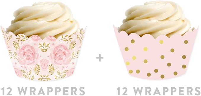 Andaz Press Party Cupcake Wrapper Decorations, Pink Roses and Pink with Metallic Gold Ink Polka Dots, 24-Pack, Girl Baby Shower 1st Birthday