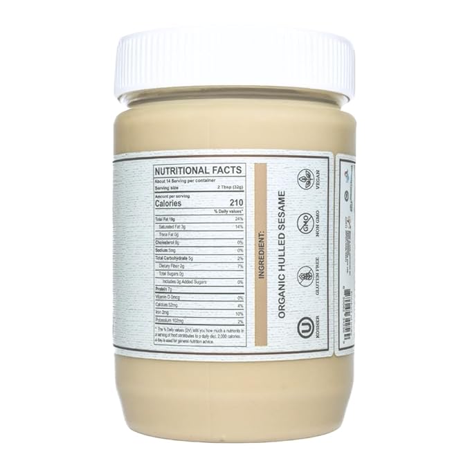 Organic Tahini Paste 16 oz (1lb) - Smooth Tahini Organic from Hulled Sesame Seeds - USDA Certified, Kosher, Gluten Free - Creamy Tahini Sauce & Sesame Paste for Cooking - The Holly Tree