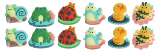 Spring Critters - Duck, Snail, Caterpillar, Ladybug, Bee Edible Sugar Cake Toppers, 12 Count