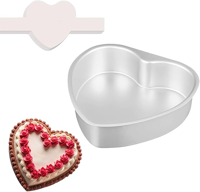 Heart cake pan Set, 1 Piece of Heart Cake Pan with 60 Pcs Parchment Papers, 8 Inch Aluminum Heavy Duty Layer Cake Mold, Non-Stick Baking Tin for Wedding Birthday Valentine's Day