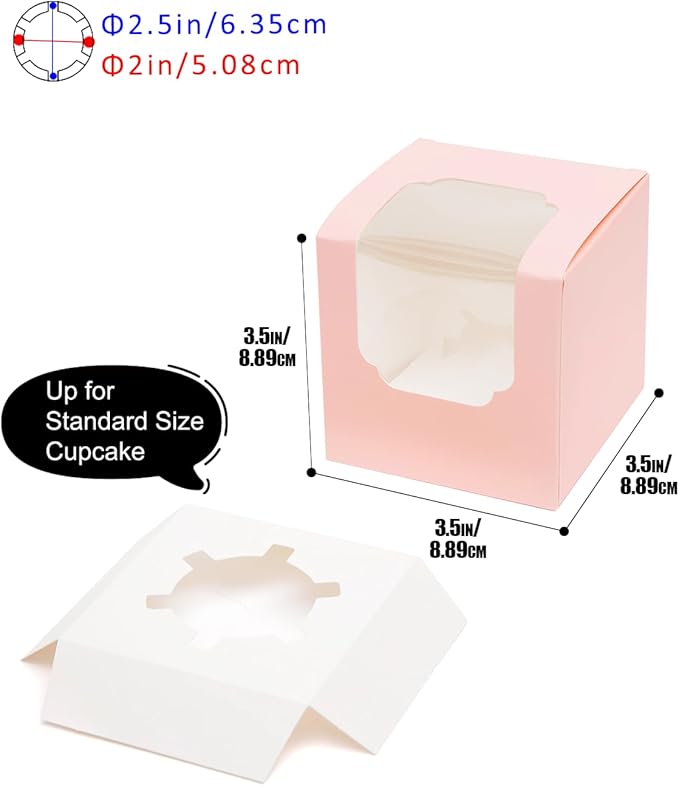 Bakepacker Auto-pop up Cupcake Boxes 100-Packs Individual Cupcake Container Pink 3.5" x 3.5" x 3.5" Single Cupcake Boxes