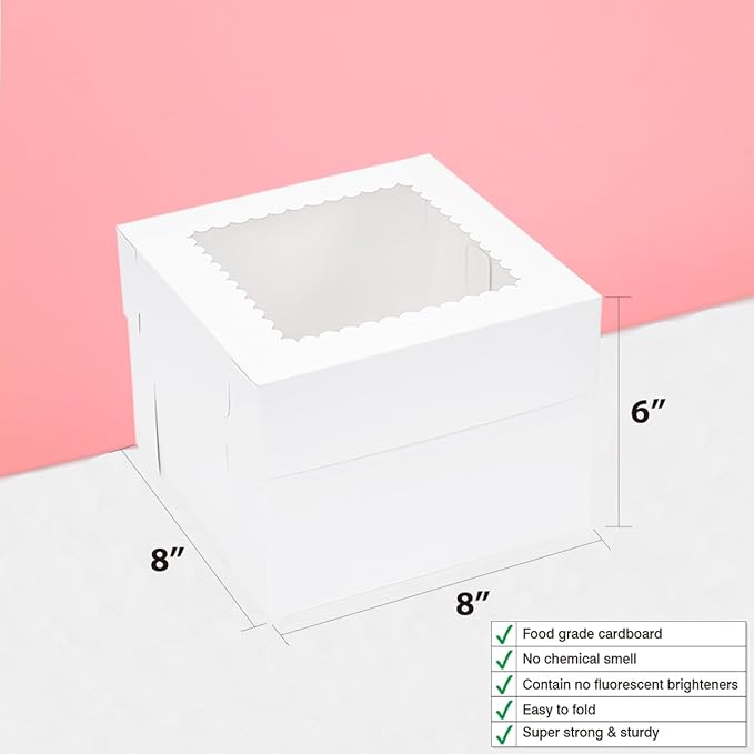 8x8x6 Inch 30 Pack White Square Cake Box, Disposable Cake Boxes for Cake,Cookies,Pies,Cupcakes and Pastry