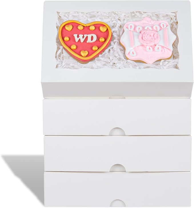RomanticBaking 8x5x2 Inch 21PCS Cookies Boxes Chocolate Covered Strawberries Boxes Bakery Boxes with Window for Cakesickle Chocolate Truffle Pretzel & Party favors Packing