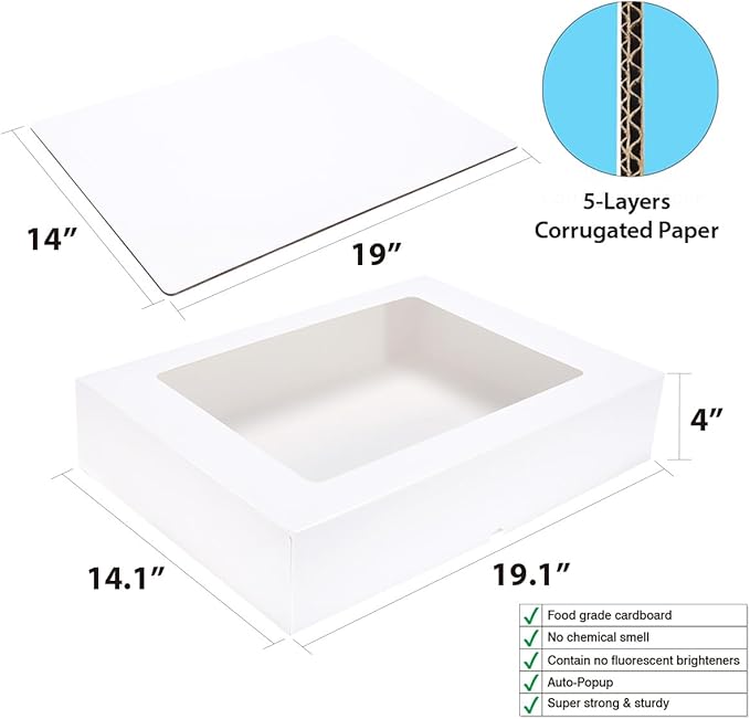 6 Pack 19x14x4 Inch Auto-Popup Large Rectangle Cake Boxes with Thick Cake Boards, Half Sheet Bakery Boxes for Pastry Baking,Cupcake,Muffins & Pie