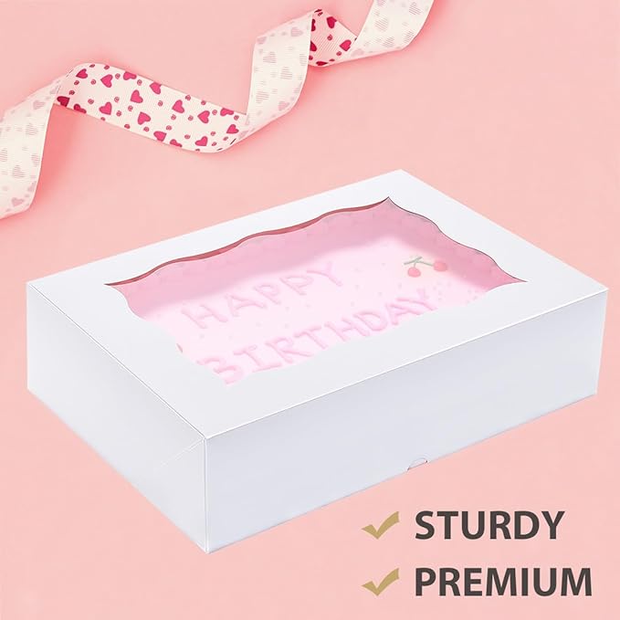 15 Pack 14x10x3.75 Inch Auto-Popup Large Rectangle Cake Boxes with Cake Boards, White Bakery Boxes for Quarter Sheet Cakes,Cupcakes, Brownie,Pie & Donuts