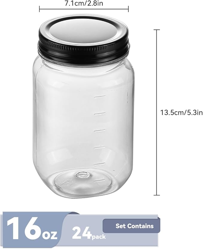 novelinks Plastic Jars With Lids 24Pcs 16 oz Plastic Mason Jars Food Storage Reusable Empty Storage Containers(Black, 24 Pack 16 Ounce)