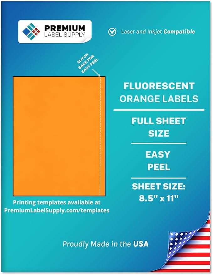 Premium Label Supply Bright Neon Color Fluorescent Sticker Labels - 8.5" x 11" Full Sheet Labels - (Fluorescent Orange, 100 Sheets)