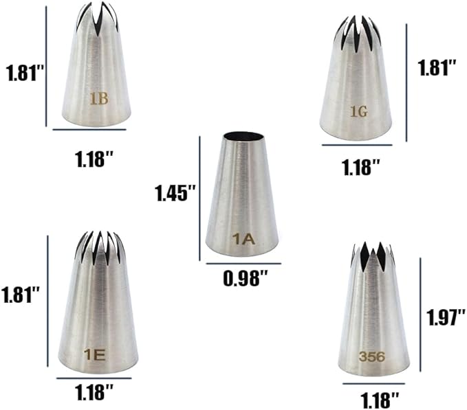 5 Pack Stainless Steel Seamless Piping Icing Tips 1G 1E 1B 356 1A, Large Piping Nozzle, Cake Decorating Tools for Cupcake Baker