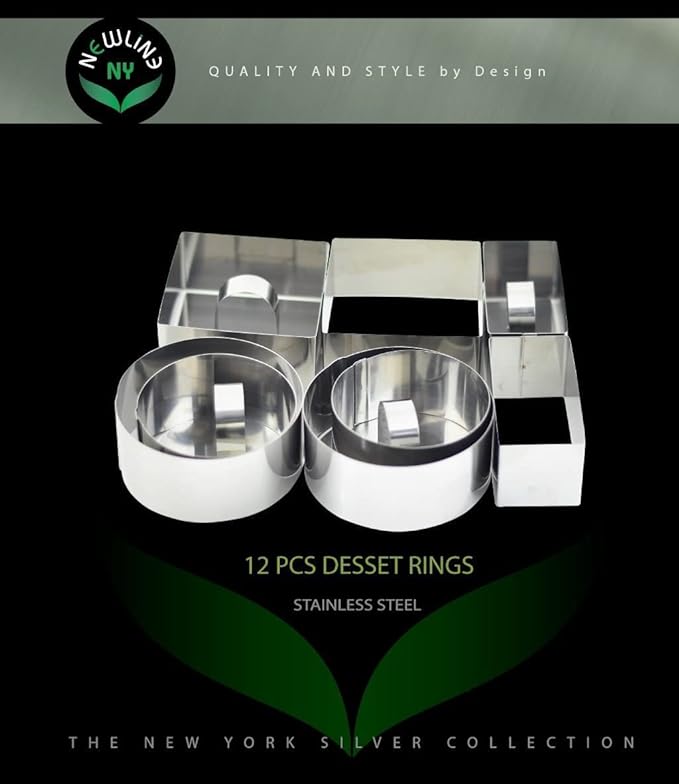NEWLINE NY Stainless Steel Dessert Rings (12 Pcs) Round Square Rectangular Appetizers Molded Salads, Cakes Mousse Molding Layering Cake Cutter