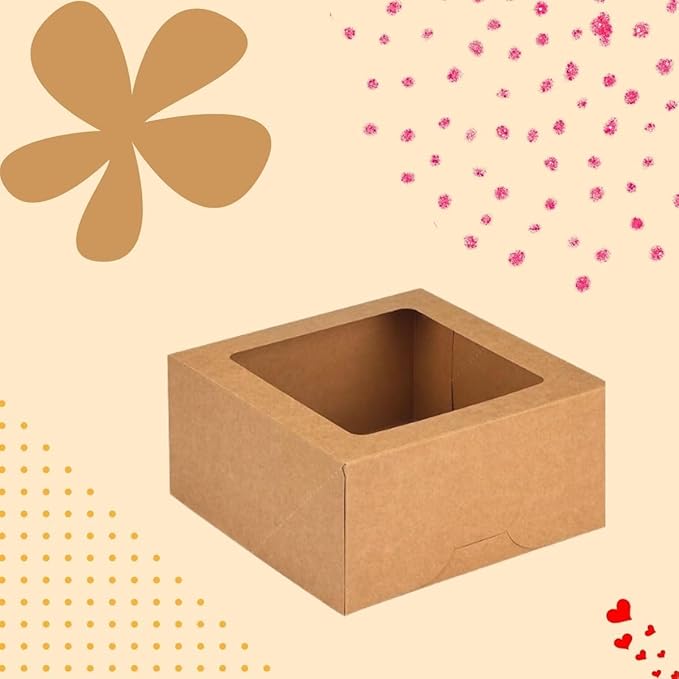 JBR & JM 5-Pack Brown Cake Boxes with Window - 10x10x5 Inches, Disposable Bakery Box for Cakes, Pastries, Desserts, Cookies - Square Cake Containers for Birthday Parties and Weddings
