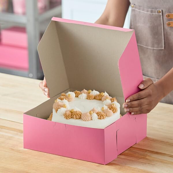 10x10x4 Inch Pink Bakery Box, Paperboard Construction, Lock Corner Design, Tuck Top Closure, Square Shape, 100 Count Case