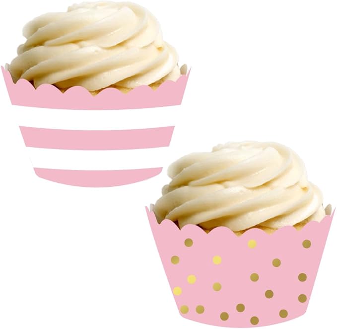 Andaz Press Party Cupcake Wrapper Decorations, Blush Pink Stripes and Metallic Gold Ink Polka Dots, 24-Pack, Theme Colored Bulk Cake Supplies