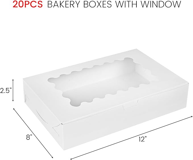 VGOODALL Bakery Boxes with Window, 12x8x2.5 Inches, Set of 20, White Bakery Carrier with Inserts to Hold Cupcakes, Muffins and Pastries