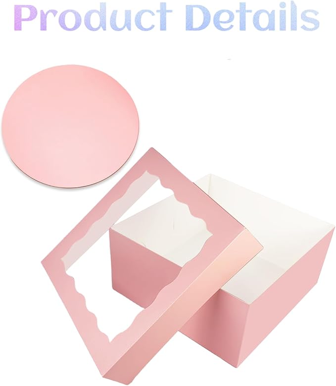 Bakepacker 12x12x8 Cake Box, 18 Sets Pink Cake Box with Window ＆ 18 Sets 12" Cake Round Boards, 12inch Cake Containers, 10 Meters Silk Ribbon