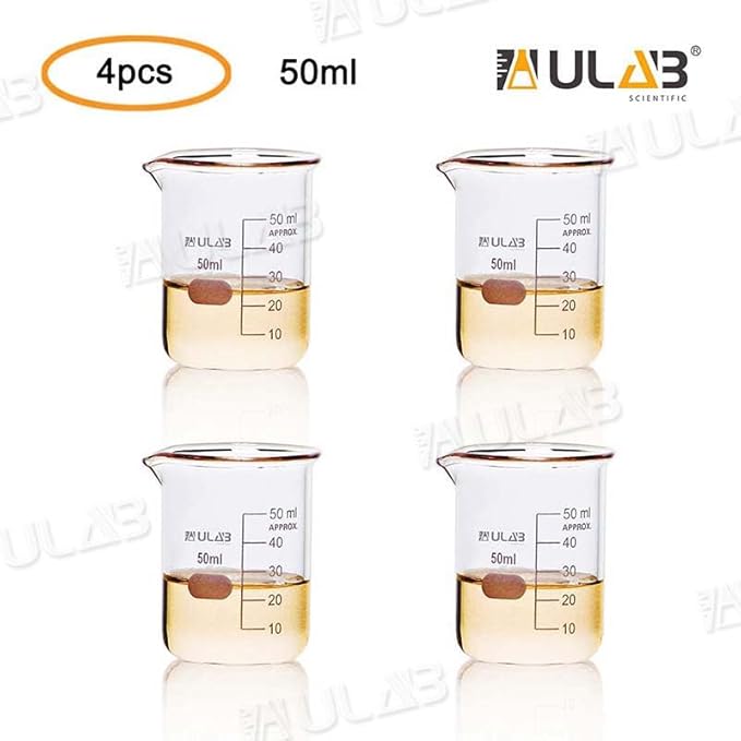 ULAB Glass Beakers Shot Glass, Vol. 50ml, 3.3 Borosilicate Griffin Low form with Printed Graduation, Pack of 4, UBG1019