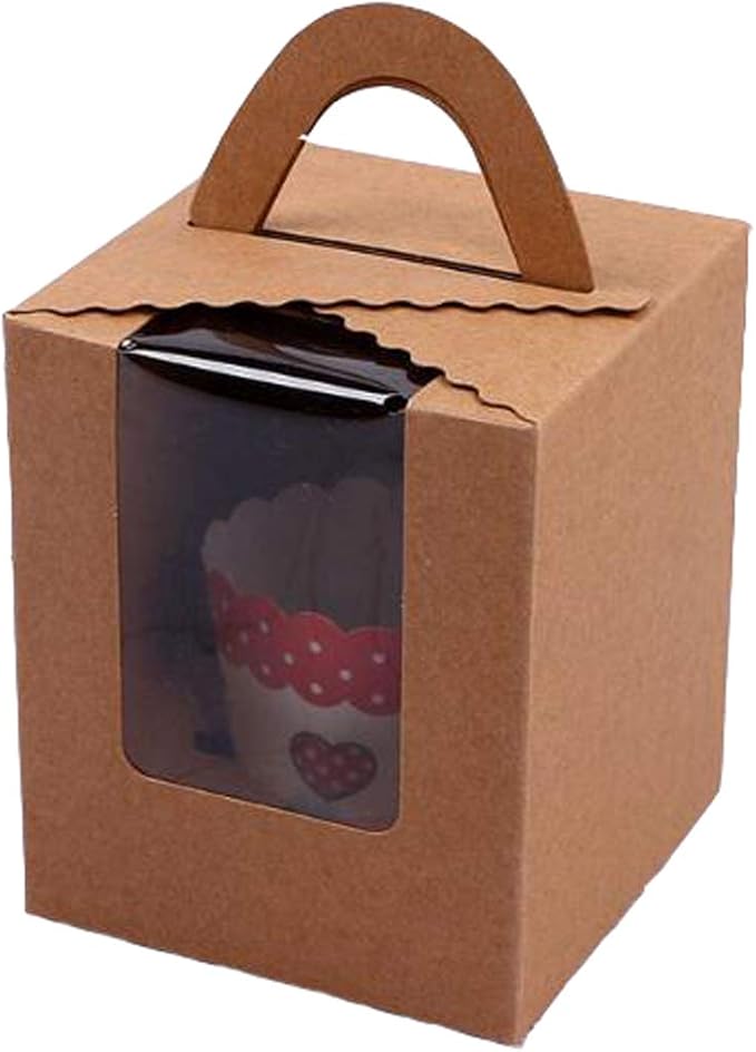 ihomecooker 25 Pcs Single White Cupcakes Containers Gift Boxes with Window Inserts Handle for Wedding Candy Boxes (25P-Handle-Brown)