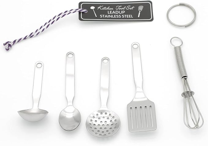 Mini Stainless Steel Kitchen Tool Set with Keychain(3.5"),Set of 5,Includes Whisk, Spatula, Spoon, Skimmer,Soup ladle