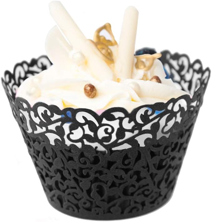 GOLF 100Pcs Cupcake Wrappers Artistic Bake Cake Paper Filigree Little Vine Lace Laser Cut Liner Baking Cup Wraps Muffin CaseTrays for Wedding Party Birthday Decoration (Black)