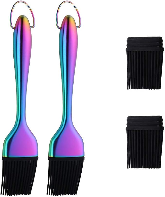 2 Pack Grill Basting Brush with 2 Pack Back Up Silicone Brush Heads, No Shed Bristles Stainless Steel Handles Heatproof Rust Resistant, Pastry Brushes for Kitchen Cooking BBQ, Dishwasher Safe Rainbow