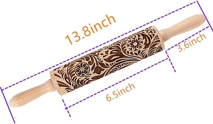 14.9"Paisley Engraved Embossed Rolling Pin, Christmas Snowflake Flower Pattern, Wooden Laser Engraved 3D Rolling Pin for Making Cookie Dough Crusts Pies Pastry
