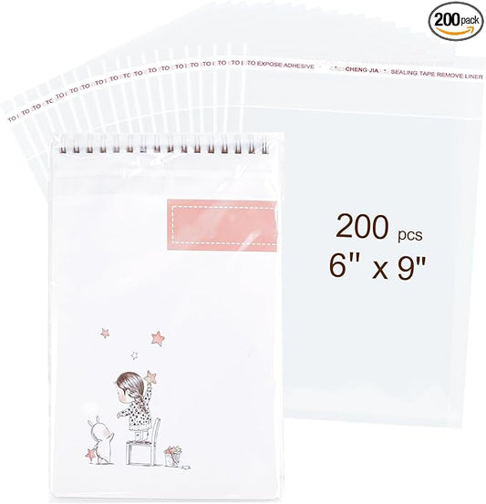 200PCS Clear Self-Sealing Cellophane Bags - 6x9 Inches, Resealable Cookie, Candy & Bread Bags - Perfect for Parties, Gifts & Bakery Uses