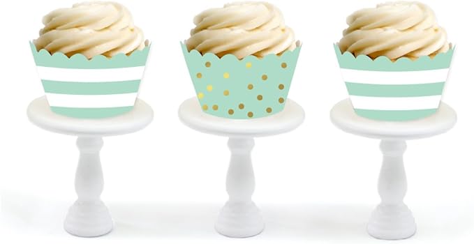 Andaz Press Party Cupcake Wrapper Decorations, Mint Green Stripes and Metallic Gold Ink Polka Dots, 24-Pack, Theme Colored Bulk Cake Supplies